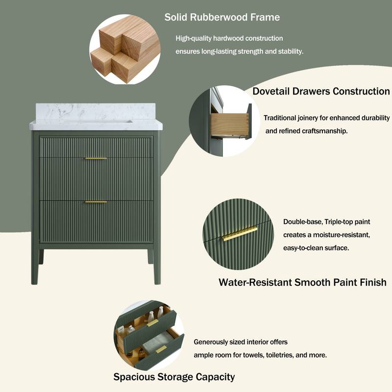 Modland 30" Freestanding Bathroom Vanity with Carrara Marble Top - Soft-Close Drawers,Green / Grey - 30 inch