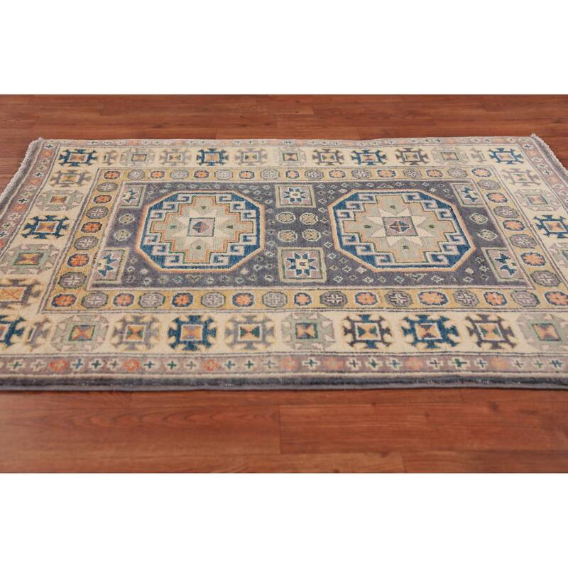 Geometric Kazak Foyer Rug Hand-Knotted Grey Wool Carpet - 2'9"x 3'10"