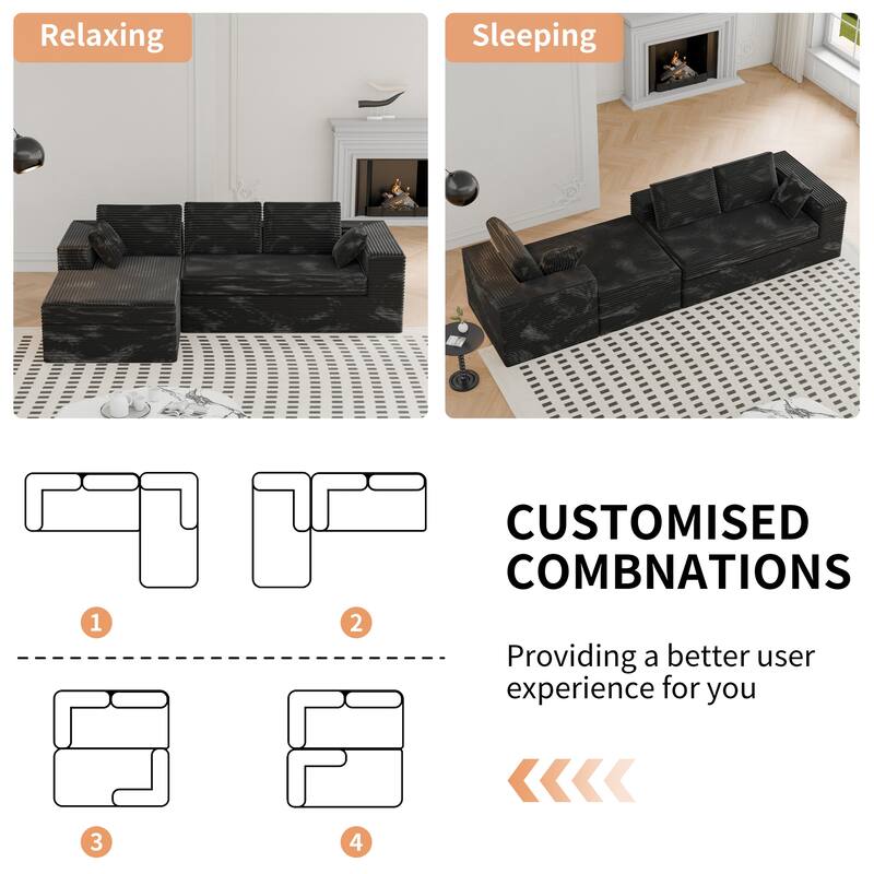 Modland 108”L-Shaped Modular Corduroy Couch with Deep Seats Comfy Sectional Sofa for Living Room