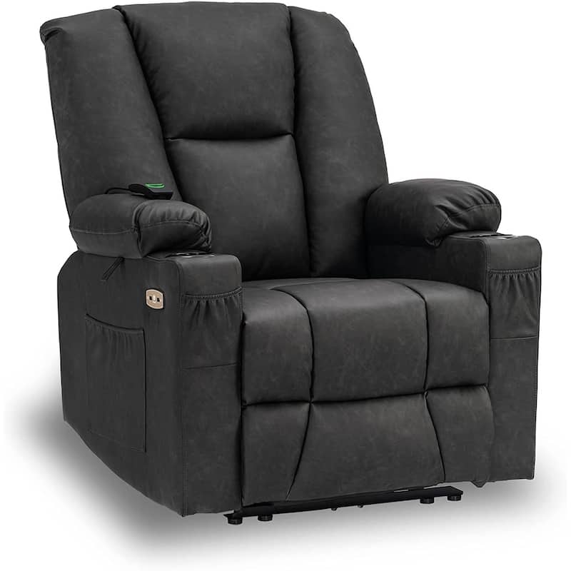 Mcombo Electric Power Recliner with Massage & Heat, Extended Footrest, 2 USB Ports, Side Pockets, Cup Holders, Faux Leather 8015 - Dark Grey