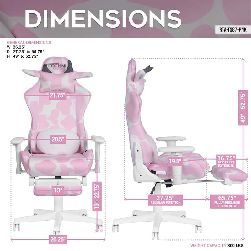 Gaming Chair With Footrest,Pink & White Cow Print Velvet-Like Fabric High-Quality Memory Foam Seat