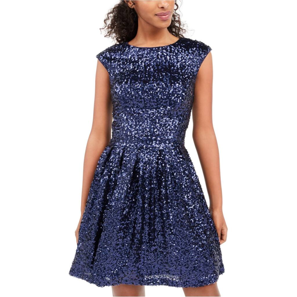 Emerald Sundae Womens Sequin Fit & Flare Dress,, Blue, X-Small