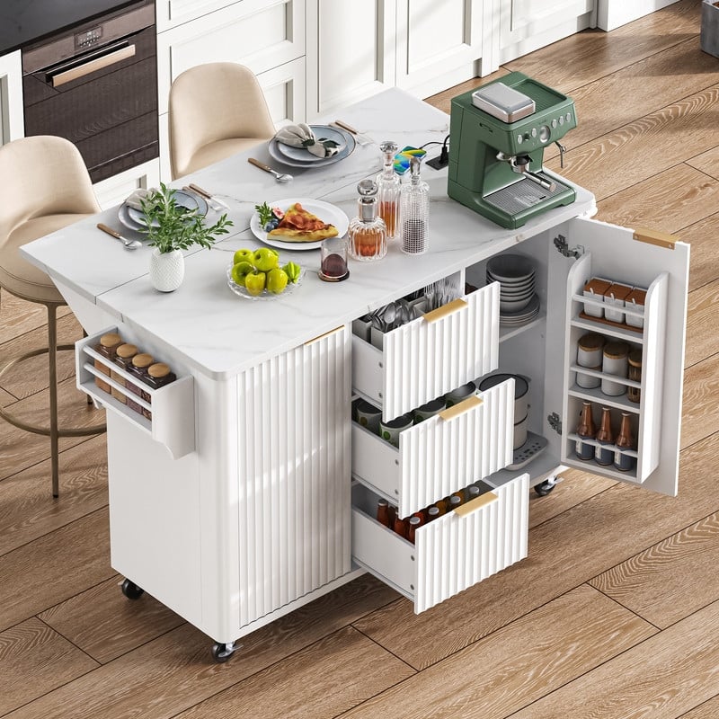 55.5" Fluted Kitchen Island with Drop Leaf and Storage Features Power Outlet and Adjustable Shelves