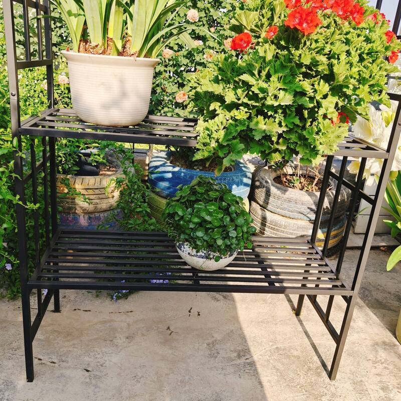 Anmytek Black Metal Garden Arch with Bench and Flower Stand for Climbing Plants Rose Arbor