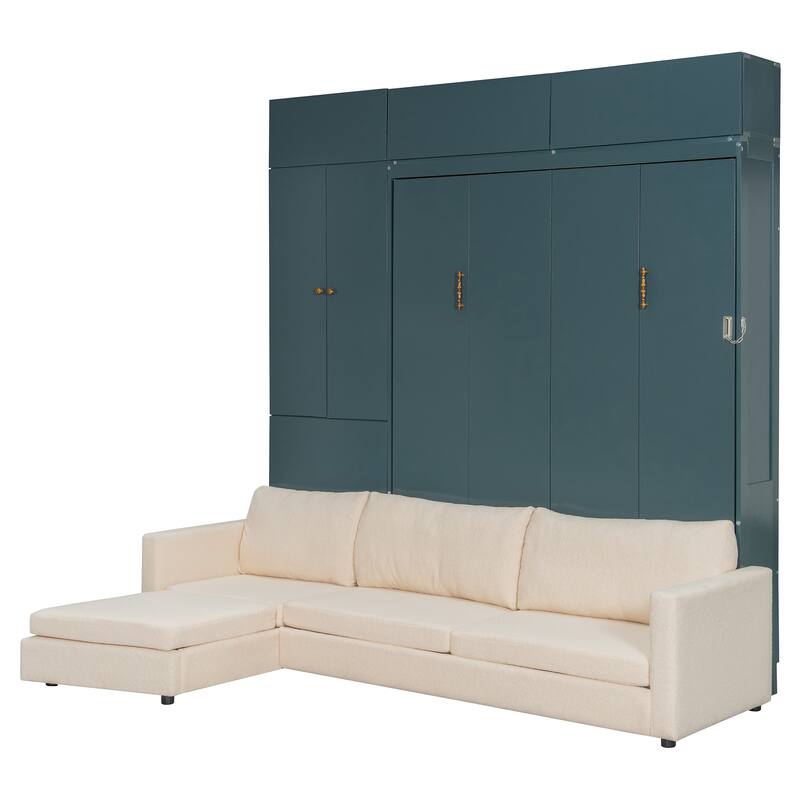 Queen Size Wall Bed with Sofa and Shelves, Green Panel, Beige Sofa