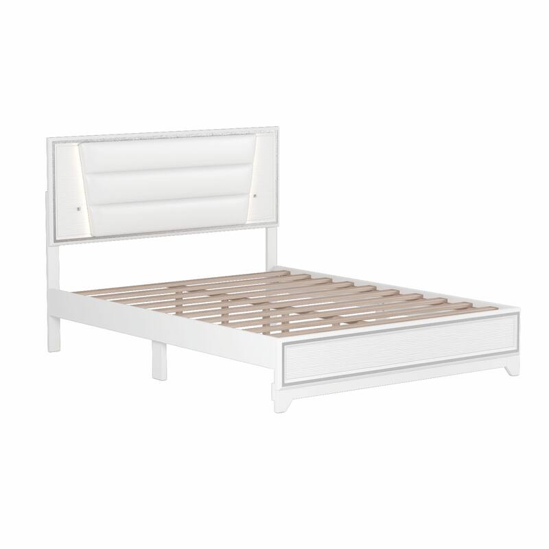 PU Upholstered Bed with LED Light Strips and Sparkling Shiny Headboard