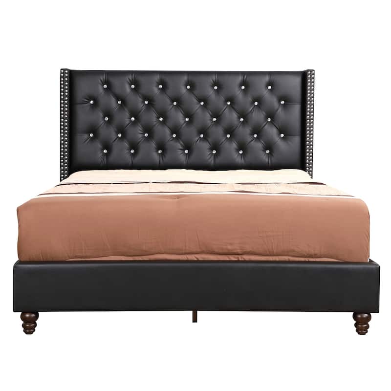 Boho Upholstered Bed - Deep Tufted Headboard, Faux Leather & Fabric Design, 66x86 Inch