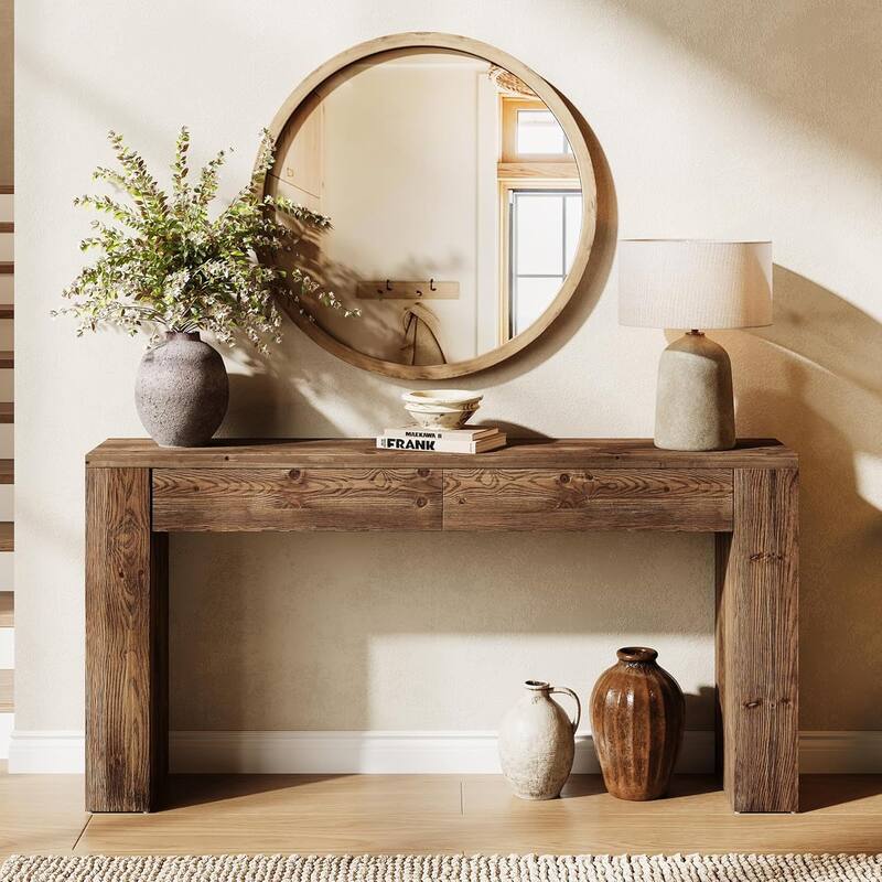 63 Inches Solid Wood Long Console Sofa Table with 2 Drawers for Entryway Hallway Foyer Living Room