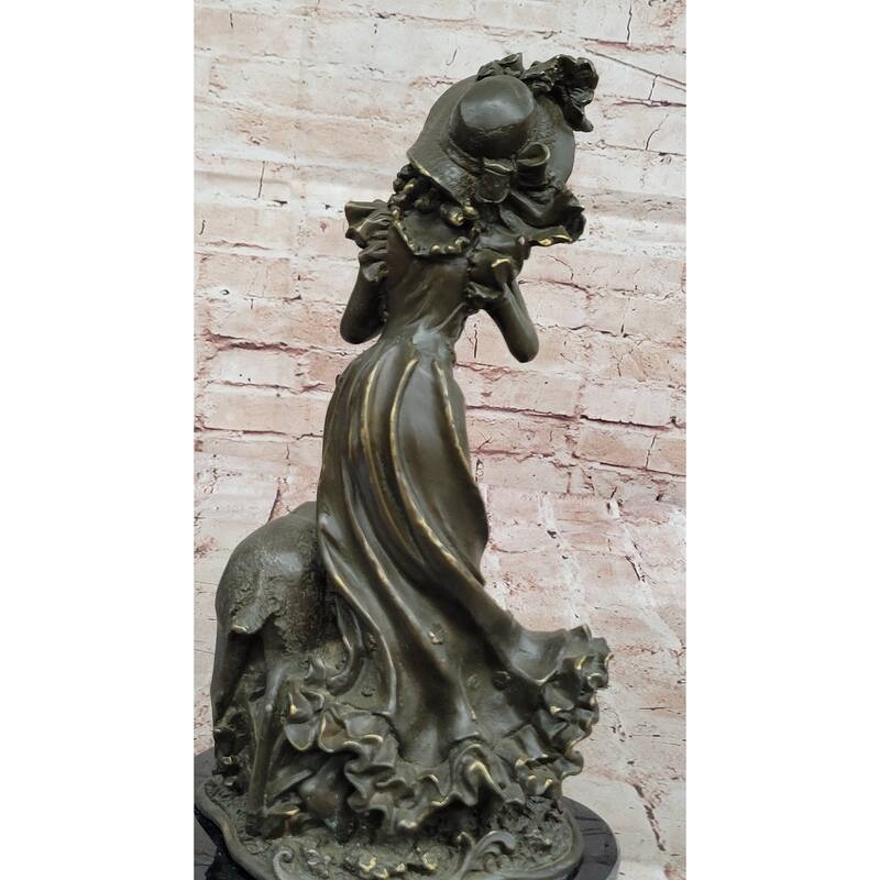 Bronze Girl Playing Flute With Deer On Marble Base By Aldo Vitaleh