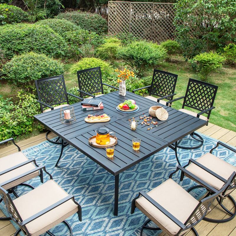 MAISON ARTS 9-Piece Patio Dining Set, 60 Inch Square Metal Table and 8 Swivel Dining Chairs