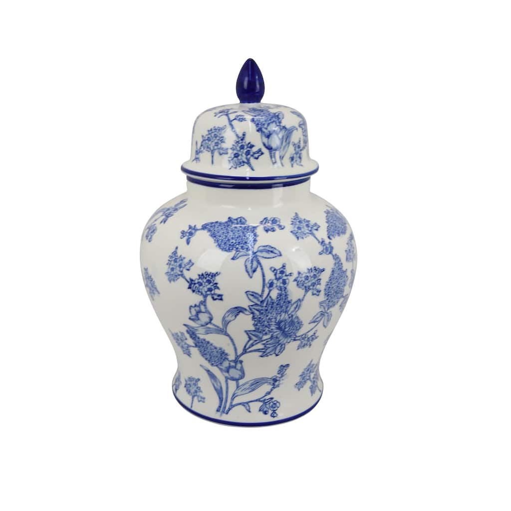 Temple Jar, Blue Floral Design, White Ceramic, Vintage Style, 16 Inch