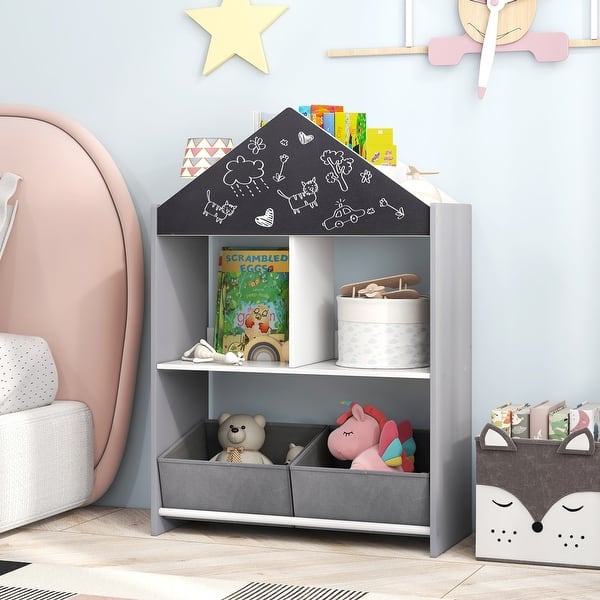 slide 2 of 21, Playhouse Kids Bookshelf with Chalkboard and Whiteboard for 3-6 Years-Gray Gray