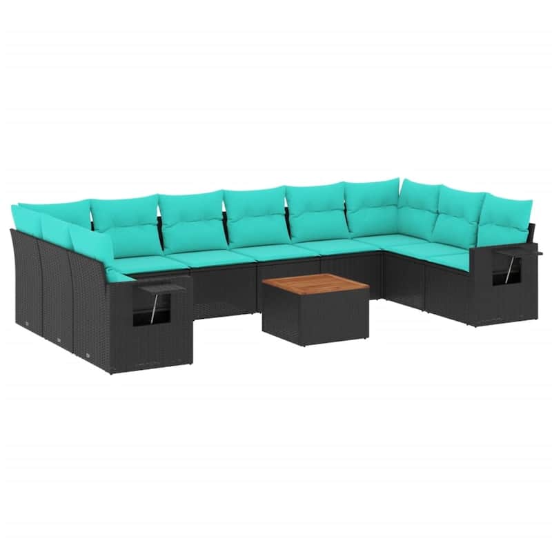 vidaXL 11 Piece Patio Sofa Set with Cushions Black Poly Rattan - 24.4" x 24.4" x 27.2"