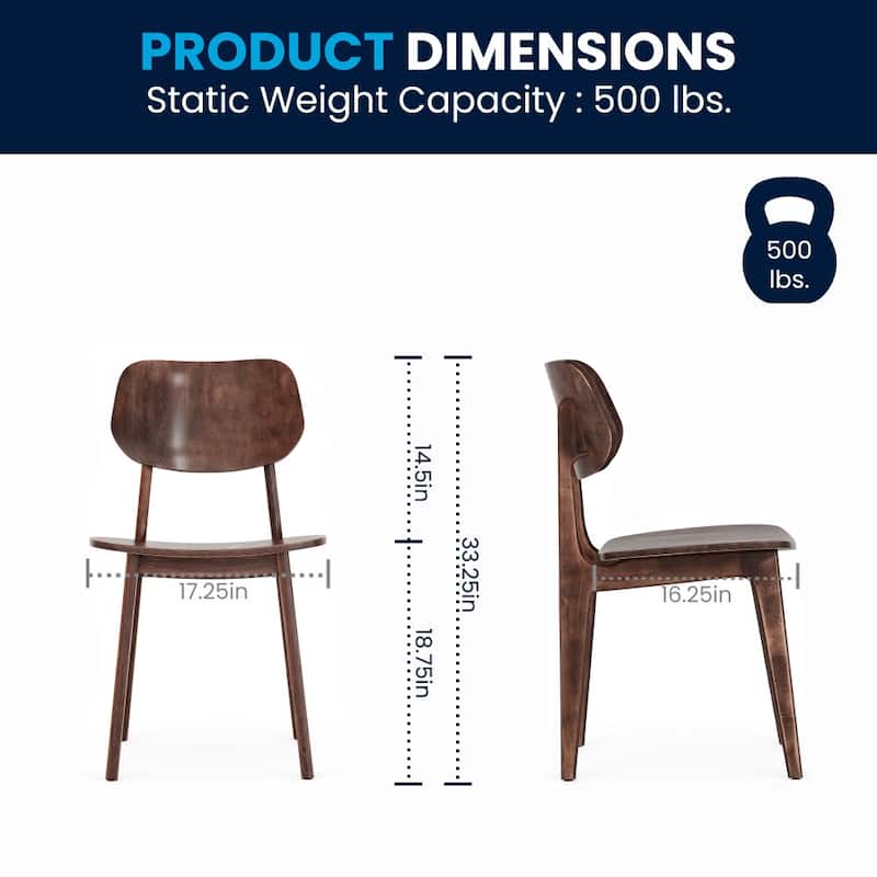 Set of 2 Commercial Solid Wood Dining Chair with Curved Backrest - 17.25"W x 20.75"D x 33.25"H