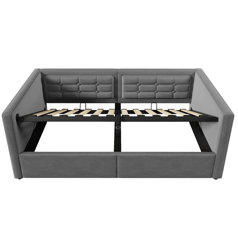 Velvet Tufted Upholstered Daybed Hydraulic Storage Twin Bed Frame with USB & Type-C Charging, Side Pockets and Wooden Slats