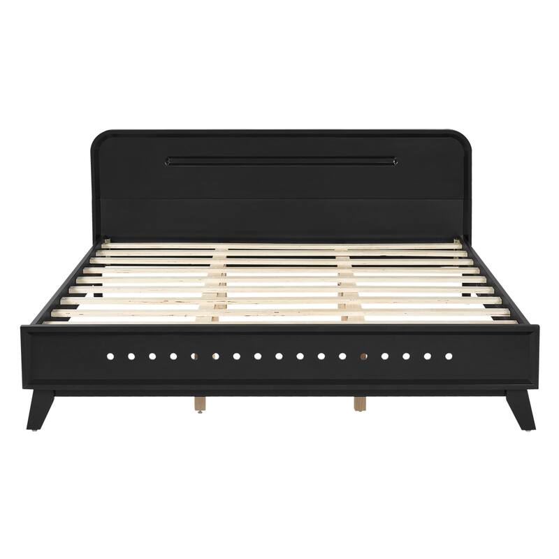 Rustic Pine Wood Bed Frame Low-Profile Platform Bed with Panel Headboard Solid Wood Slat Support and Extra Wide Thickened Legs