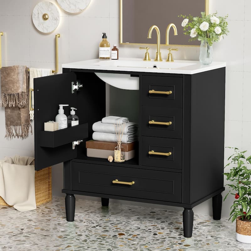 Roomfitters Traditional 30" Bathroom Vanity Set, Floor Standing with Three Drawers, Soft Close Doors, Long Gold Metal Handles