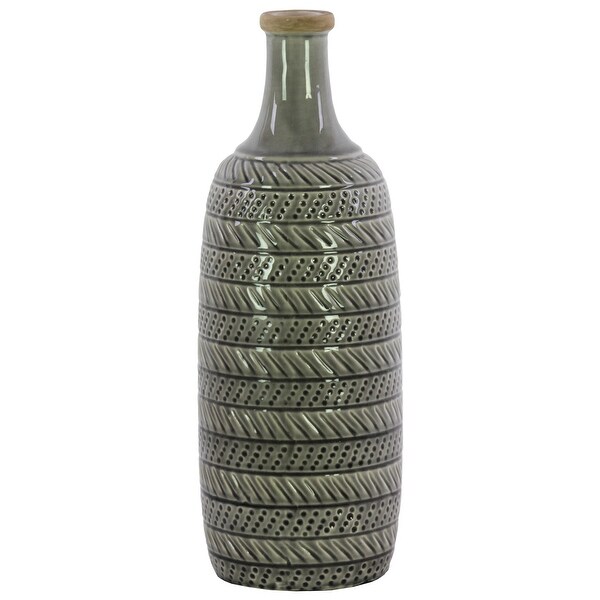 Lidded Ceramic Bottle Vase With Engraved Parallel Design, Large, Light Gray
