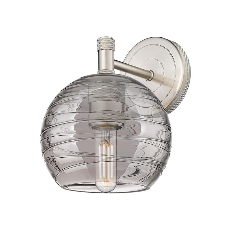 Innovations Lighting 434-1W-9-6 Crown Point Sconce Crown Point 9" Tall - Satin Nickel / Light Smoke Deco Swirl