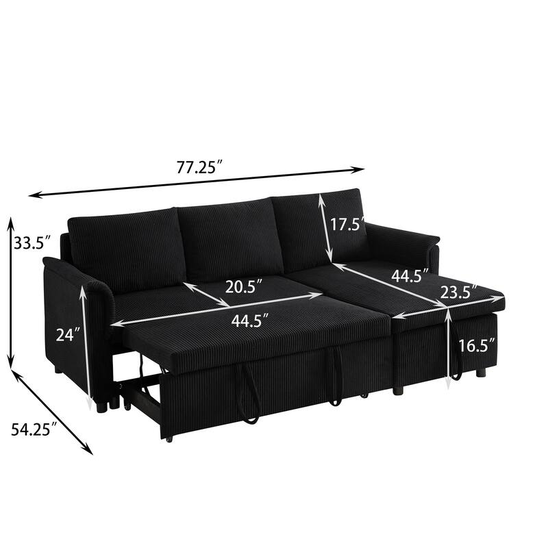 Convertible Corduroy Modular Loveseat Pull-Out Sleeper with Storage Chaise and Reclining Backrest for Living Room