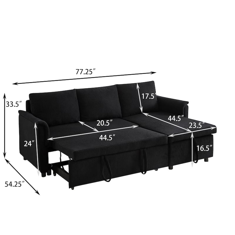 Modern 2-Seater Sofa L-Shaped Sleeper Sofa with 2 Pillows Storage Chaise and Adjustable Backrest, for Living Room, Black