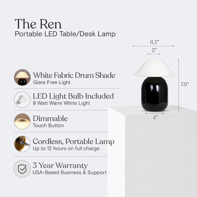 Ren LED 7.87 in Glossy Black Midcentury Modern Urn Dimmable Cordless Portable Rechargeable Bedside Nightstand Desk Lamp
