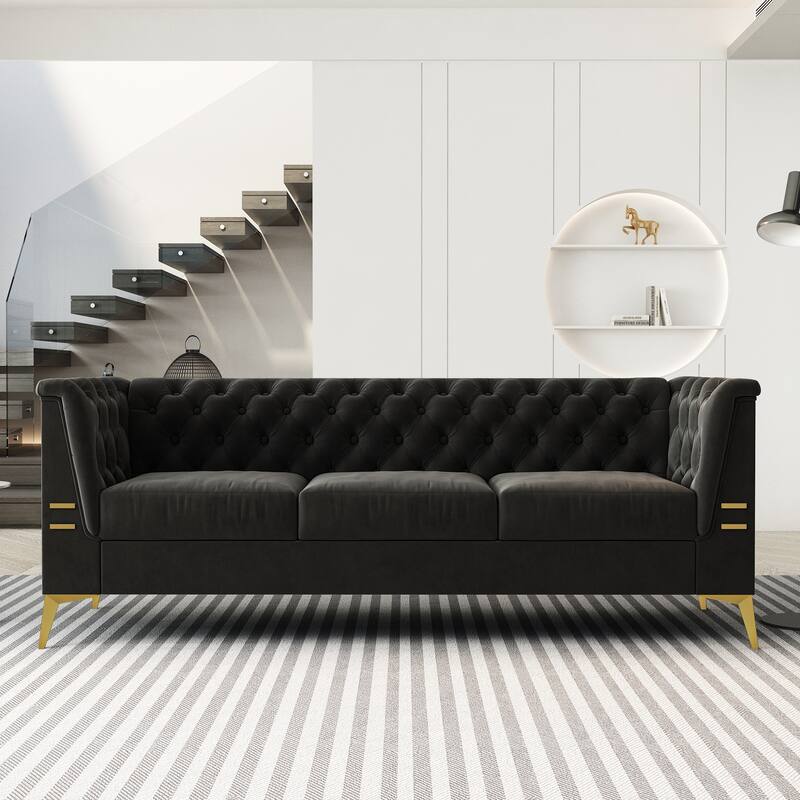 82'' Modern Velvet 3-Seater Couch with Tufted Design and Gold Metal Legs