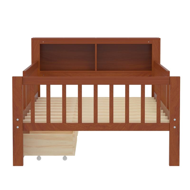 Twin Wood Storage Bed with 3-Side Guardrails, Underbed Drawers & Headboard Storage