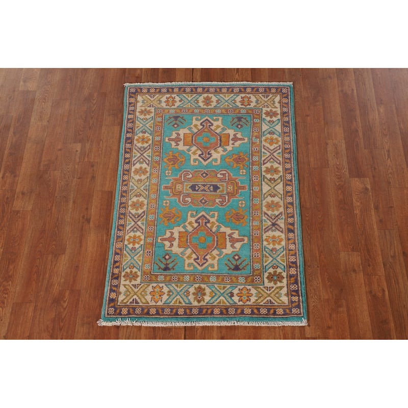 Turquoise Blue Kazak Oriental Accent Rug Hand-Knotted Wool Carpet - 2'8"x 3'10"