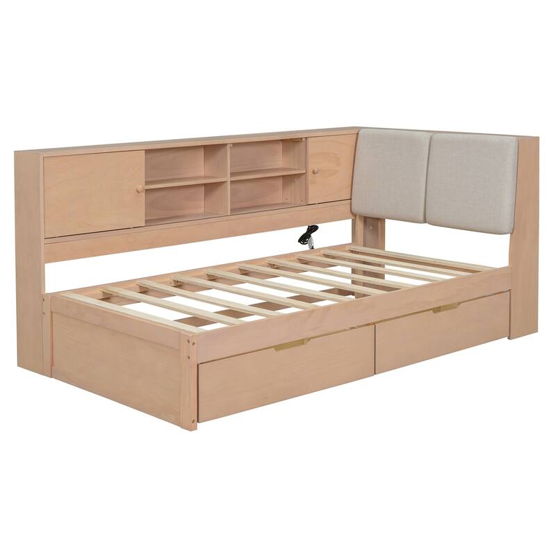 Wooden L-shaped Daybed Corner Bed with Storage Bookcase and USB Charging Ports