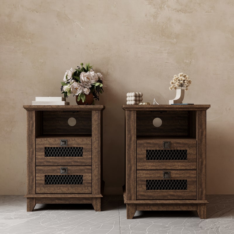 Farmhouse Nightstand Set of 2 with Charging Station, End Table