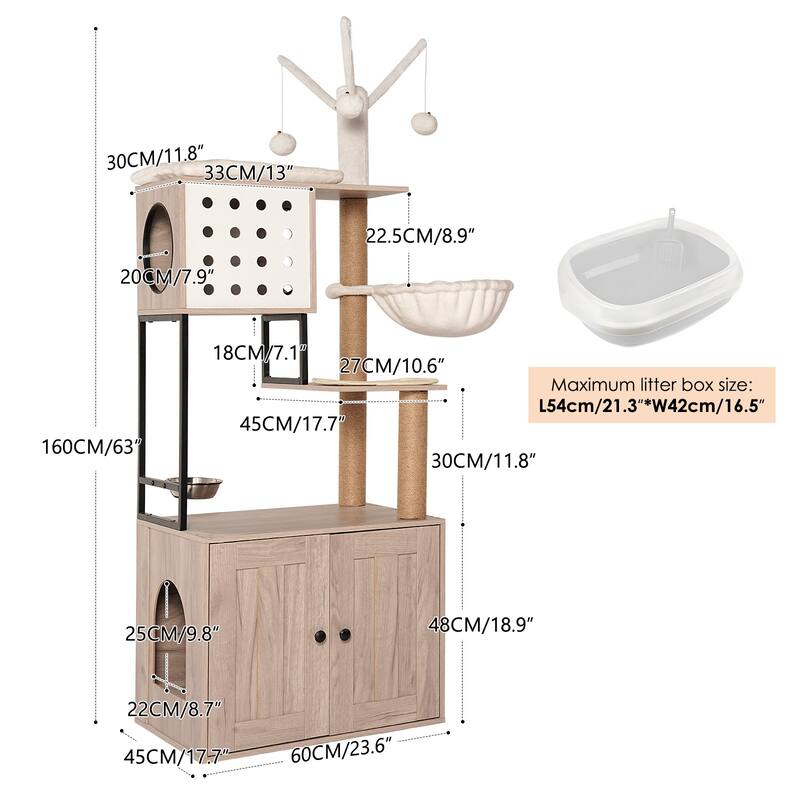 Cat Tree with Litter Box Enclosure - Modern Cat Condo with Scratching Posts, Feeding Bowl & Removable Pompom Sticks, Gray