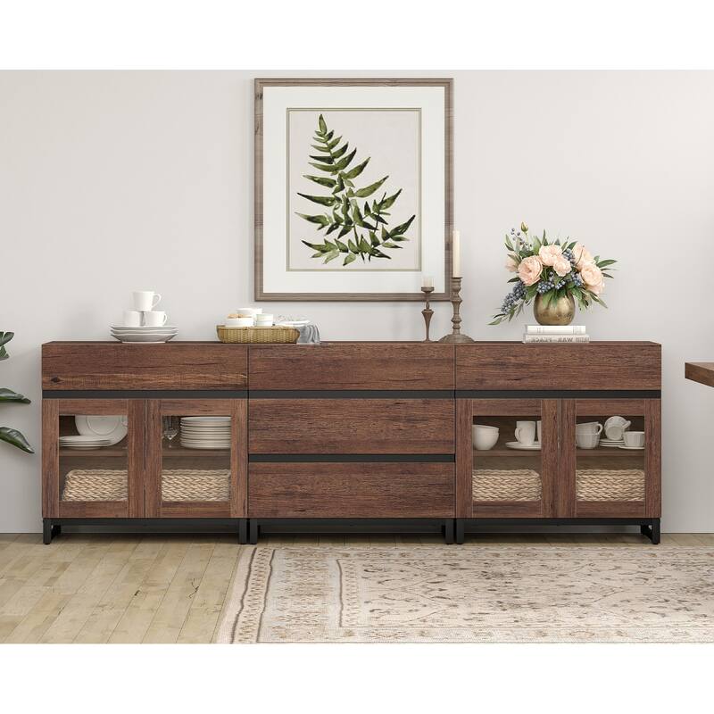 WAMPAT 3 in 1 Multifunctional Sideboard Buffet Cabinets with Glass Doors and 5 Drawers for Living Room, Kitchen