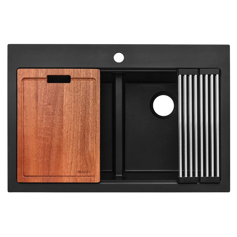 Ruvati 33-inch Drop-in Topmount Workstation 50/50 Double Bowl Granite Composite Quartz Kitchen Sink - Midnight Black - RVG1343BK