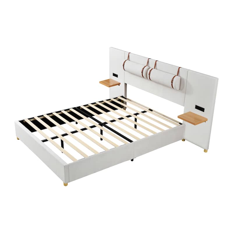 Beige Queen Size Upholstered Platform Bed with Pillows & USB Ports