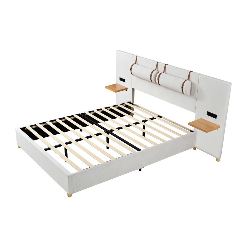 Queen Velvet Upholstered Bed with USB Ports, Storage Shelves & Built-in Pillows - Beige/Gray