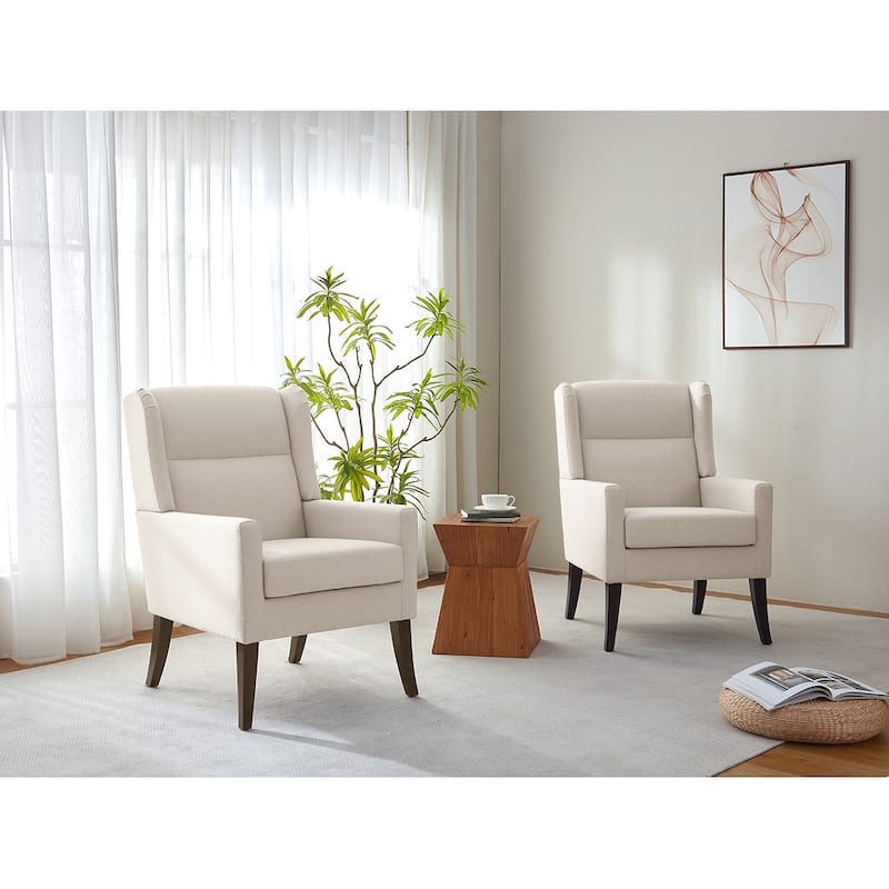 Set of 2 Modern Upholstered Accent Chairs with High Back and Wooden Legs – Grey/Beige/Brown - Beige