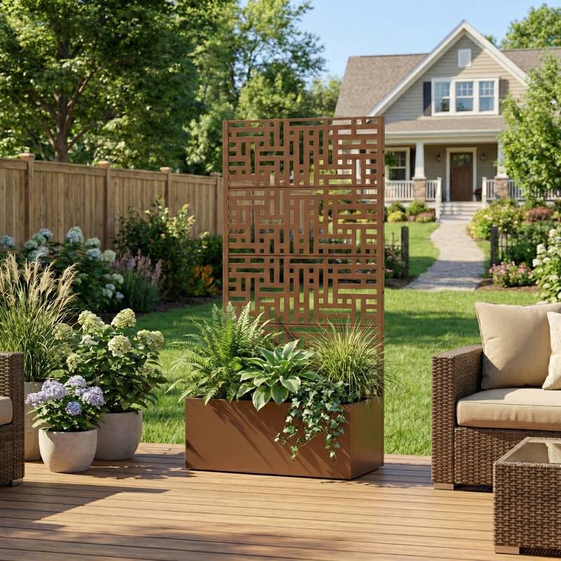 Galvanized Planter Box with Trellis & Privacy Screen - Brown - 59"x30"