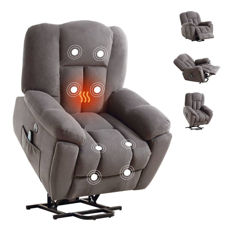 Grey Electric Power Lift Recliner Chair featuring Heat, Massage, Infinite Positions, USB Charging, and Side Storage