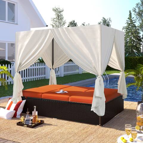 Outdoor Adjustable Patio Wicker Sunbed Daybed with Cushions and Canopy