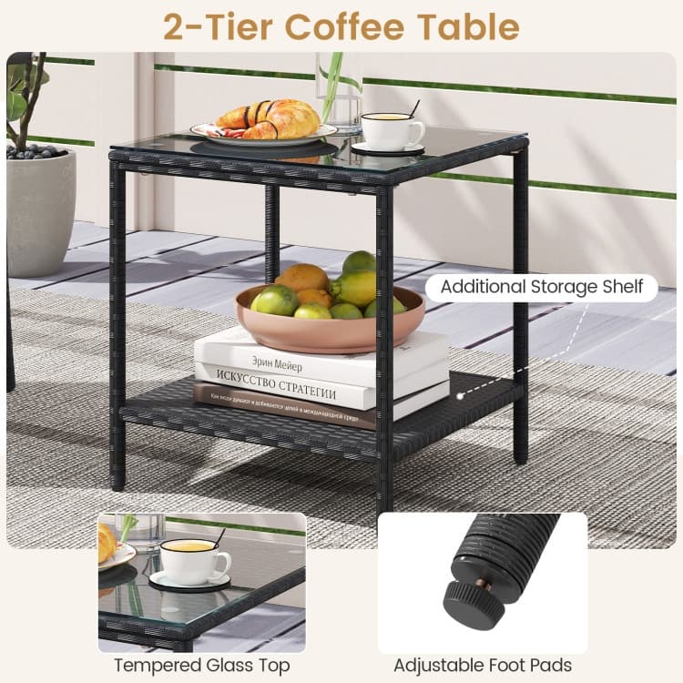 3 Piece Black PE Rattan Patio Set with Metal Frame, Cushions and Glass Table - Chair: 23" x 22.5" x 35"