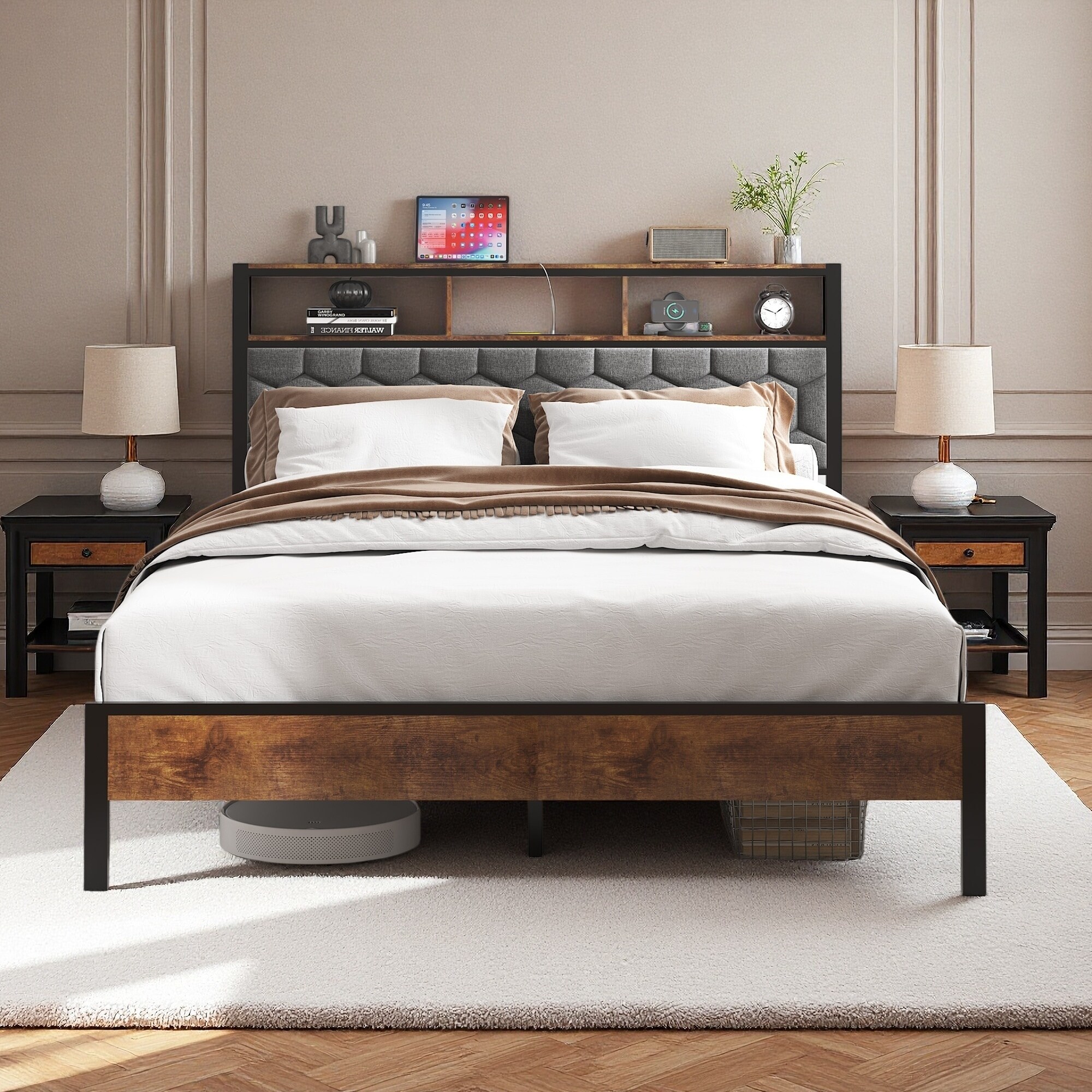 Wooden Platform Bed Frame with Soft Upholstered Headboard, USB Ports, and Under-Bed Storage
