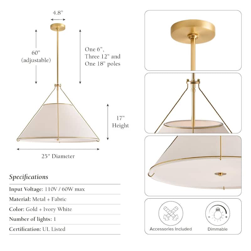 Lumina Modern Pendant Light - Metal, Fabric & Gold, Ivory White Cone Light Fixture For Modern, Coastal, Minimalist Room Decor