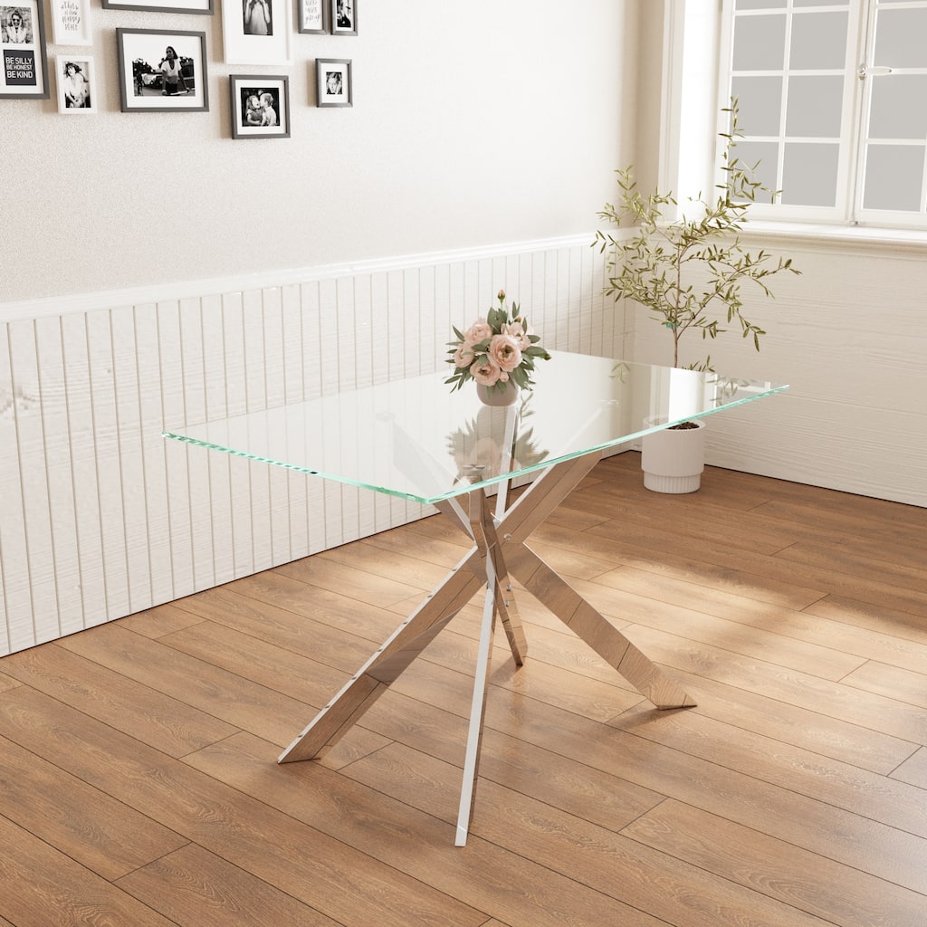 47.2-inch modern minimalist tempered glass coffee table, metal leg rectangular dining table, transparent glass dining table