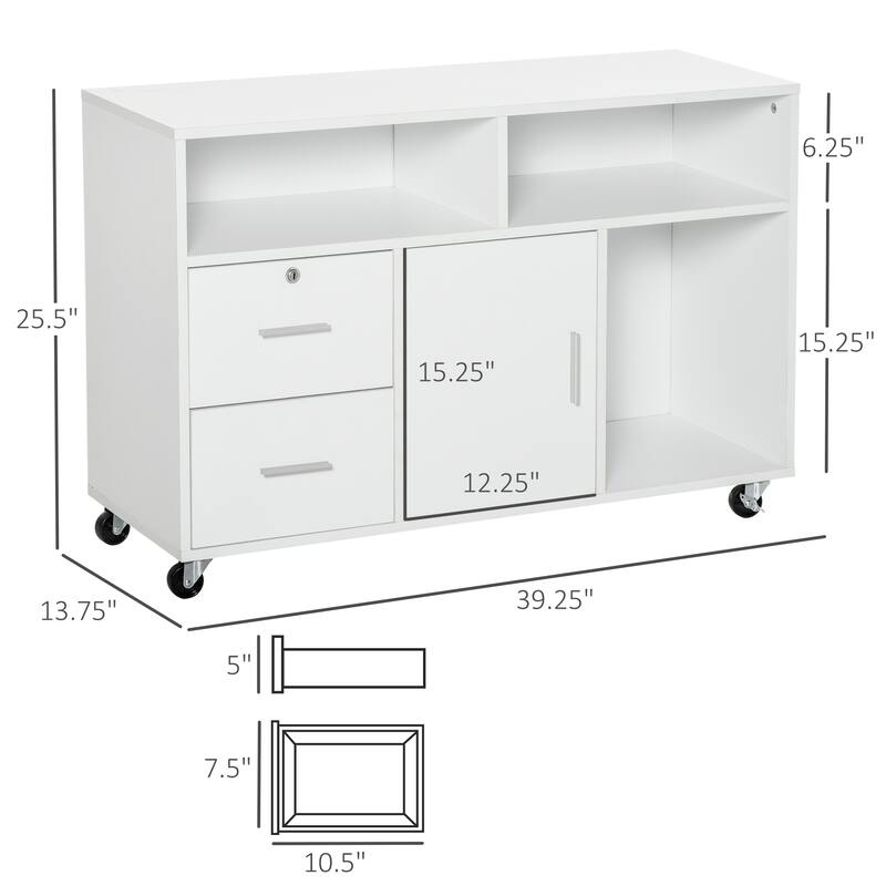 HOMCOM Printer Stand: Mobile Office Cabinet Organizer with Wheels and Drawer, White