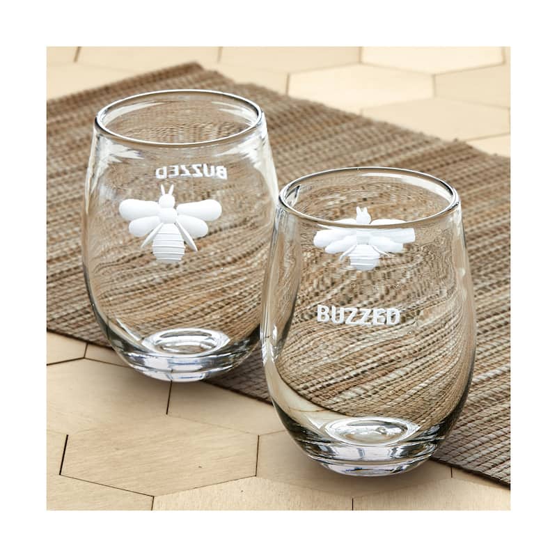 16 oz. Buzzed Bee Etched Glass Clear Stemless Wine