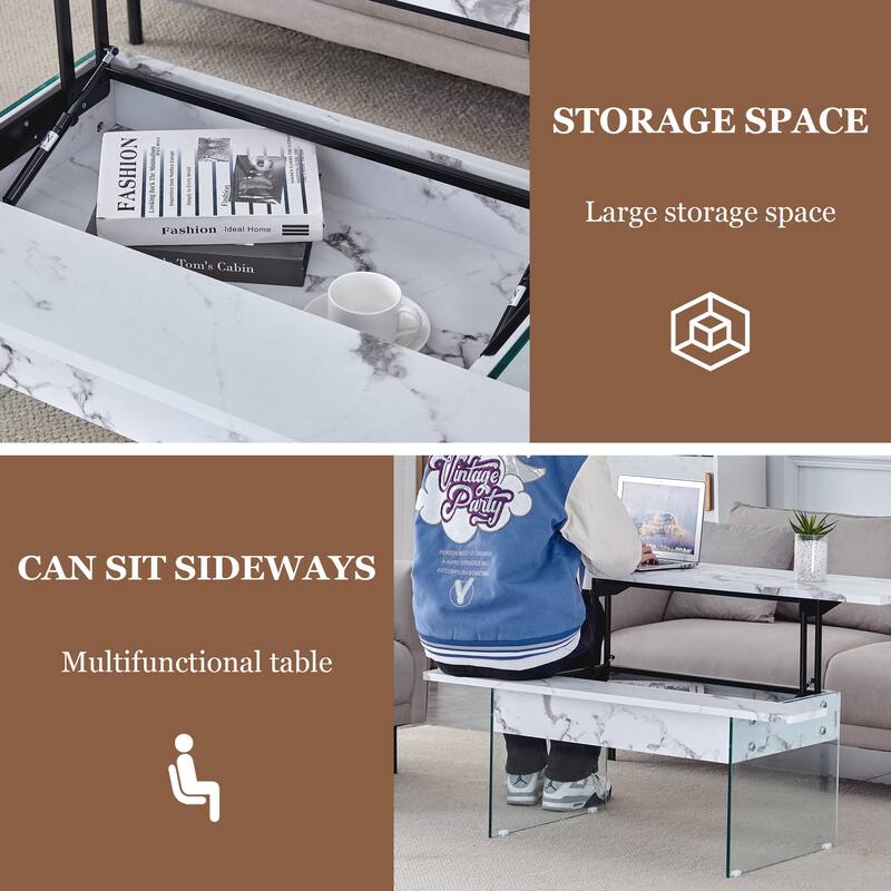 Multifunctional Lift-Top Coffee Table with Tempered Glass Legs, Rectangular Living Room Table 2-Tier Center Table