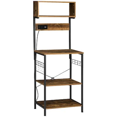 Kitchen Bakers Rack with Power Outlet, USB Charger, Microwave Stand, Coffee Bar with Adjustable Shelves