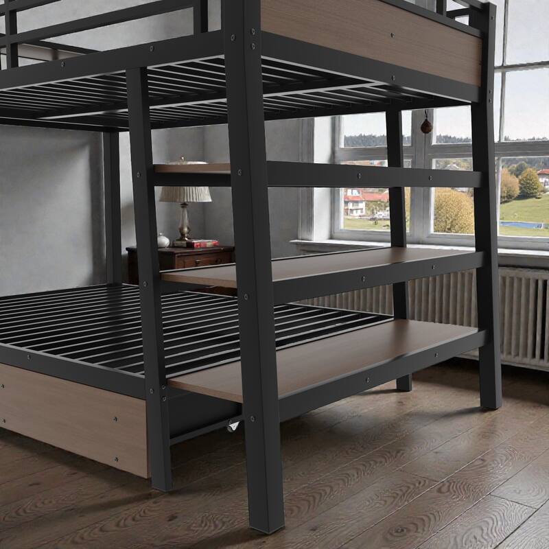 Twin/Full Metal Bunk Bed with Storage Shelves, Drawers, LED Light Strip, USB Power Outlet & Sturdy Guardrail Design