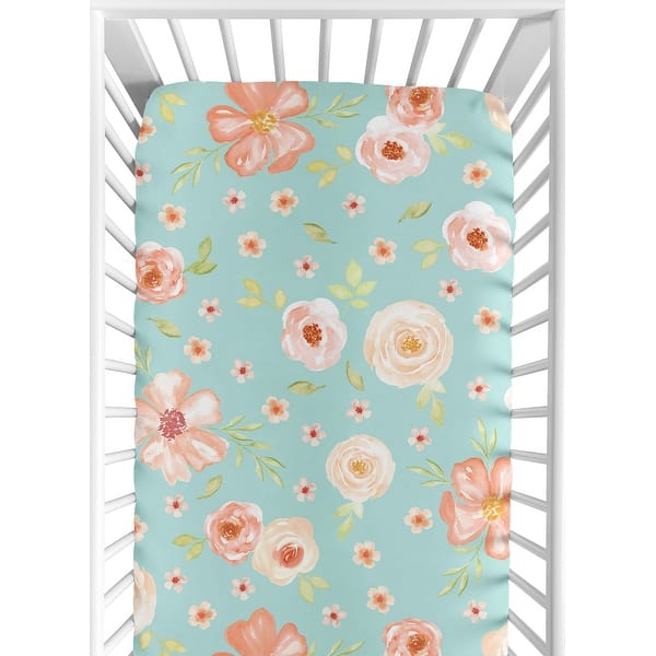 slide 2 of 6, Sweet Jojo Designs Turquoise and Peach Watercolor Floral Collection Fitted Crib Sheet